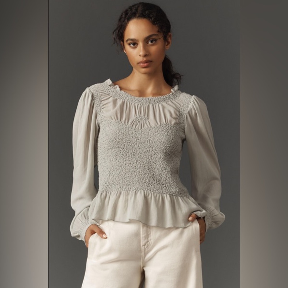 ✨ Anthropologie Balloon-Sleeve Smocked Peplum Blouse Sz XL